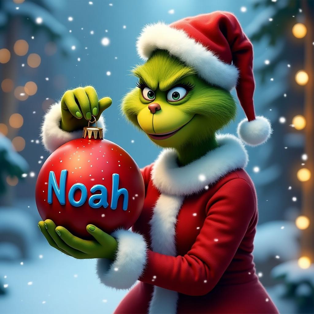 Grinch character dressed in Santa suit. Holds red Christmas ornament with name Noah in blue. Background features snowy landscape, Christmas lights, and snow-covered trees.