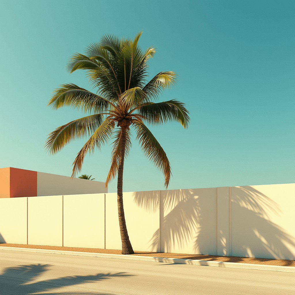 This image features a serene suburban street with a tall, lush palm tree as the focal point. The tree is casting a clear shadow on a smooth, light-colored wall that lines the street. The wall stretches across the image with a soft pastel-colored building peeking over it, adding a subtle contrast. The ground is covered with sandy gravel, and the sky is a clear, deep turquoise blue, enhancing the tranquil and warm atmosphere.