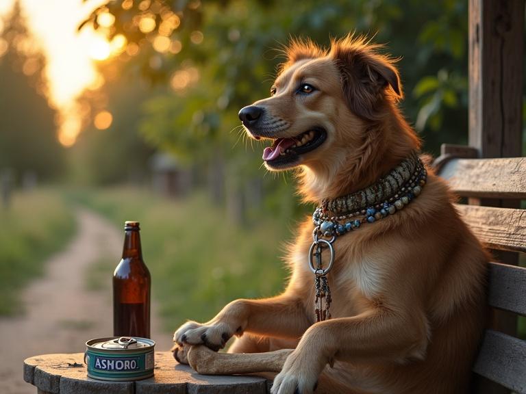 A golden mongrel sits on a bench like a person. The dog has shaggy ears and a playful smile. On the bench, an open can of sardines sits next to a bottle of kvass. The dog wears beaded necklaces and holds a tambourine. The background shows greenery and a sunset.