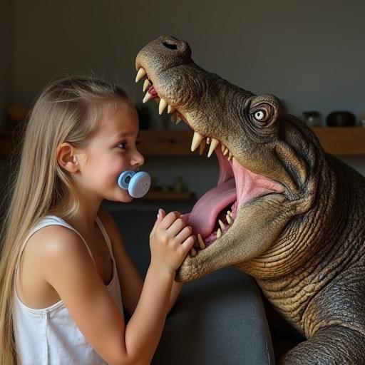 A playful interaction between a child and a dinosaur. A child sits inside an open dinosaur mouth. The child holds an oversized pacifier. The scene conveys a whimsical and fun atmosphere.