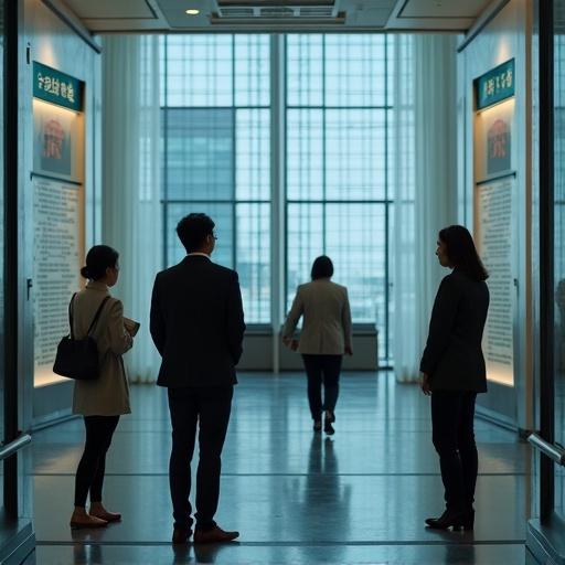 Scene in a corridor with silhouetted figures. People express concern about financial issues. Natural light filters through large windows. Soft tones create a professional atmosphere. Individuals appear engaged in conversation or contemplation.