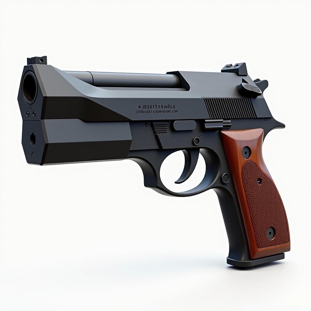 Large semi-automatic handgun inspired by the Desert Eagle. Features a robust frame and matte-black finish. Includes a long barrel and distinct muzzle break. Grip is textured and made of polished wood or rubber. Slide is angular with smooth finish. Clean, minimal design emphasizing a powerful aesthetic.