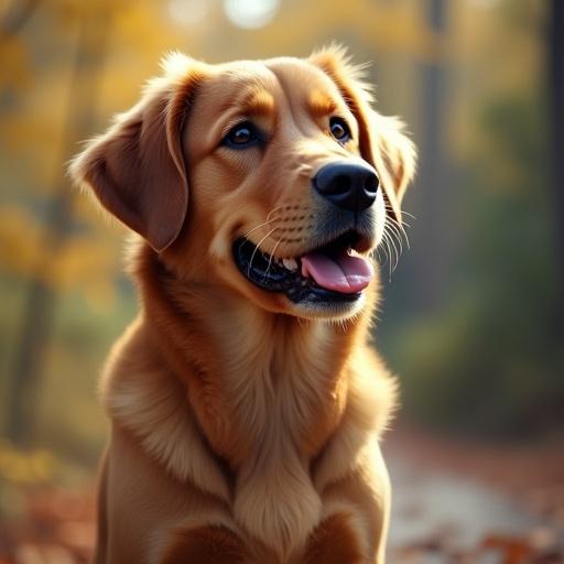 Create a realistic image of a dog. The dog has golden fur and a happy expression. The background features autumn foliage in soft focus.