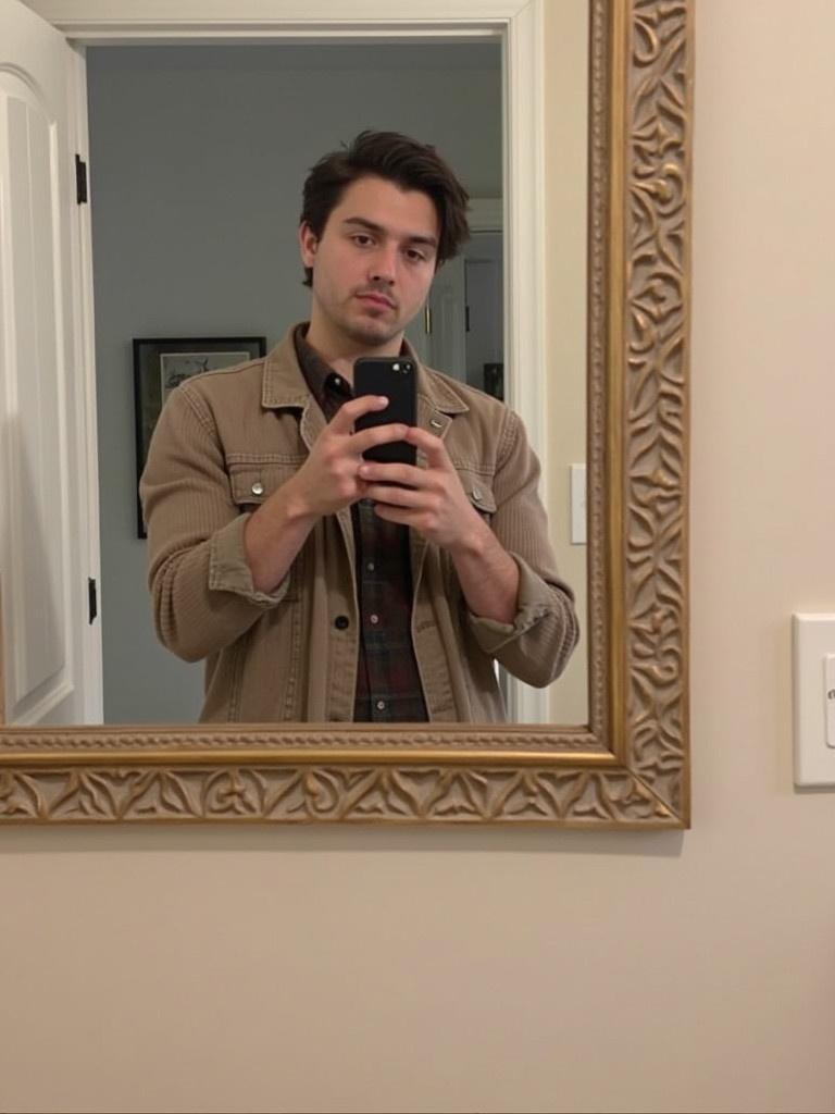 A person taking a mirror selfie in a well-lit room. The individual wears a casual outfit consisting of a beige jacket over a plaid shirt. The mirror reflects the person and the surrounding interior design.