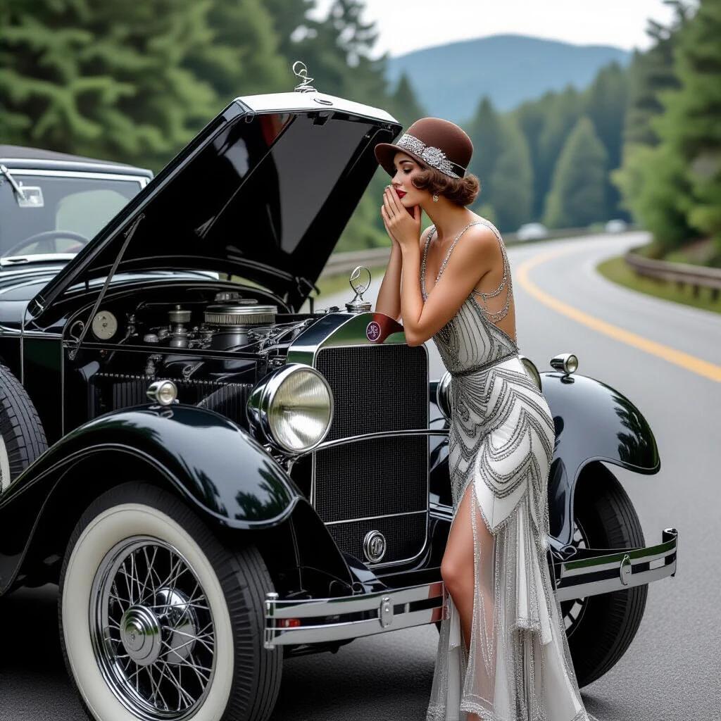 Photorealistic image of an Art Deco socialite in a beaded dress beside a 1928 Mercedes-Benz. She leans over the car's fender with both hands to her cheeks. The car's hood is raised showing the carburetor. Steam rises from a boiling radiator. The background features a mountain pass in bokeh. The scene is captured during golden hour.