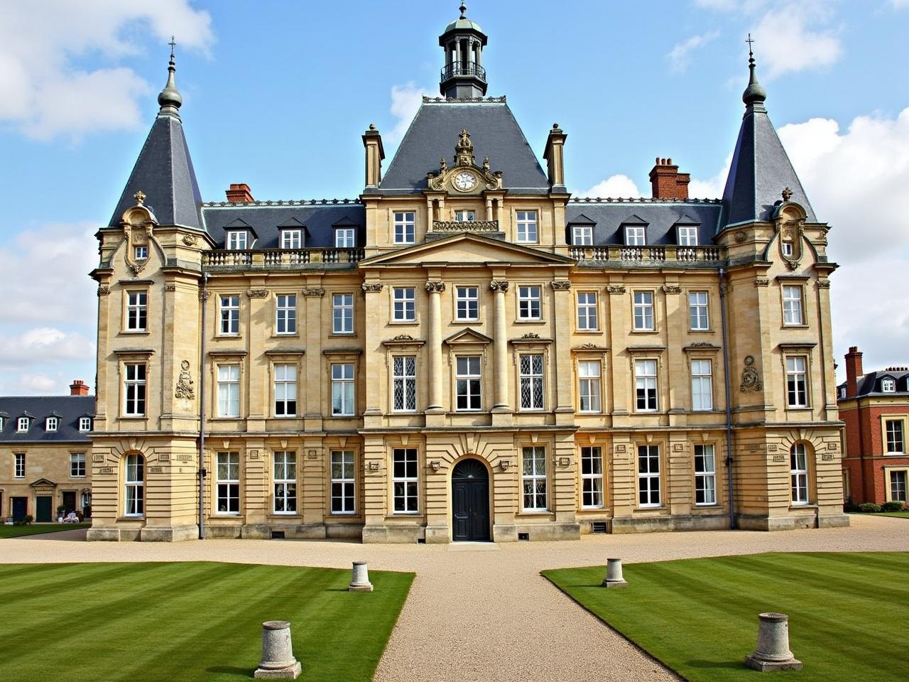 This image features a magnificent historic building in Europe, showcasing intricate architectural details. The structure boasts a grand facade with multiple spires and a central clock, typical of European mansions. Pristine landscaped grounds surround the building, contributing to its elegance. Bright daylight illuminates the scene, making the details stand out vividly. This type of architecture is often associated with heritage and history, making it a notable landmark for tourists and architecture enthusiasts alike.