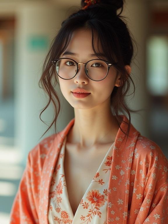 A beautiful woman wearing glasses and an open robe. She has a soft expression with natural lighting. The image has a vintage aesthetic with a low resolution and saturated colors.