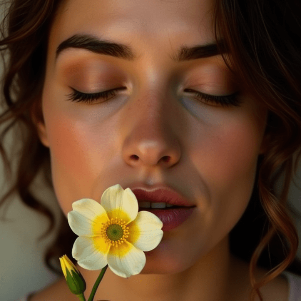 A person with closed eyes holds a yellow flower near their face.