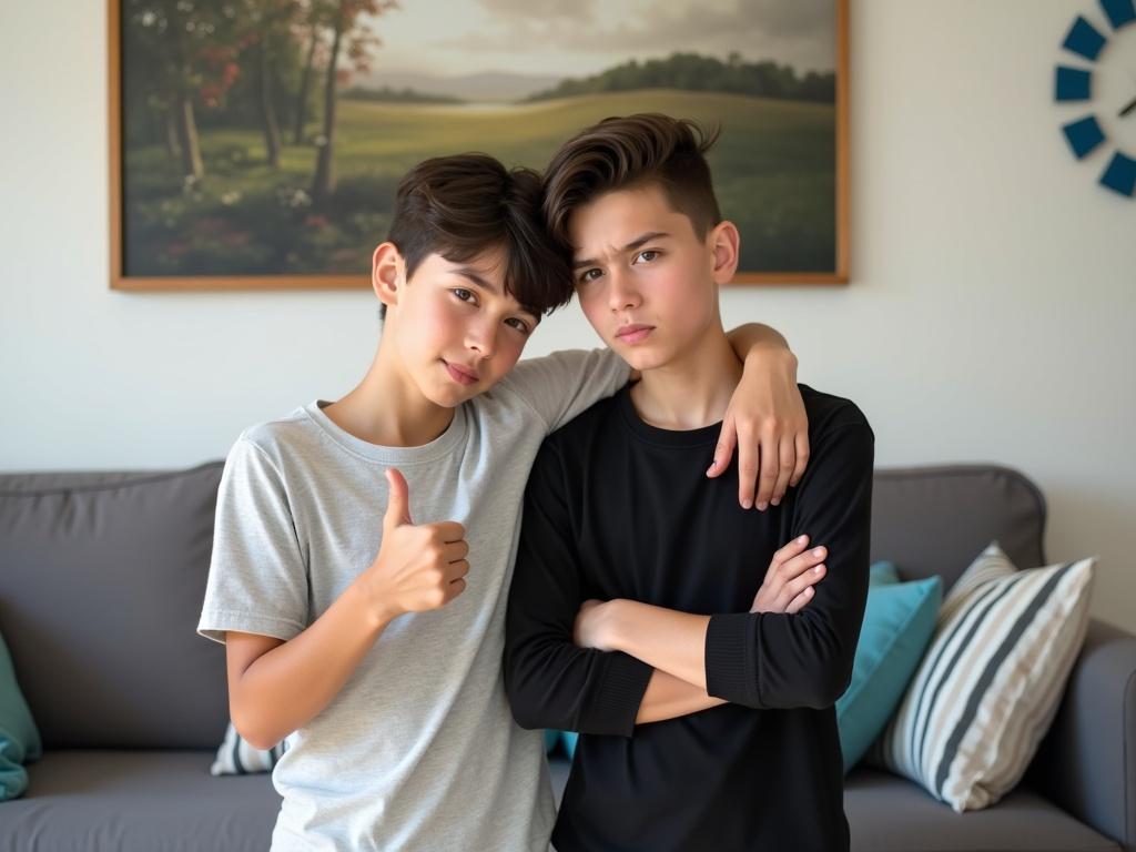 The image features two teenage boys standing close together in a living room. The first boy on the left has a light-colored shirt, short dark hair, and is giving a thumbs up with his right hand. The second boy on the right is wearing a black shirt with arms crossed, has short dark hair styled to one side, and looks serious. They are posed closely, with the first boy's arm draped over the second's shoulder. The background includes a light-colored wall, a landscape painting, and a wall clock with blue accents, alongside a gray sofa adorned with decorative pillows.