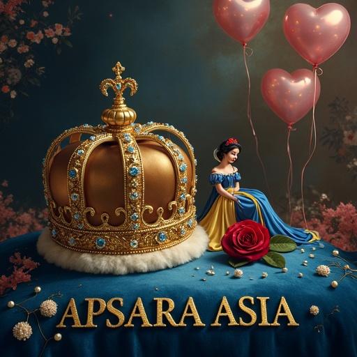 Regal portrait in oil painting style. Large ornate gold crown on dark blue velvet cushion. Crown intricately carved with diamonds reflecting rainbows. Snow White sits beside crown in flowing blue yellow gown. Gold inscription APSARA ASIA. Scene illuminated with soft lighting, misty background with balloons.