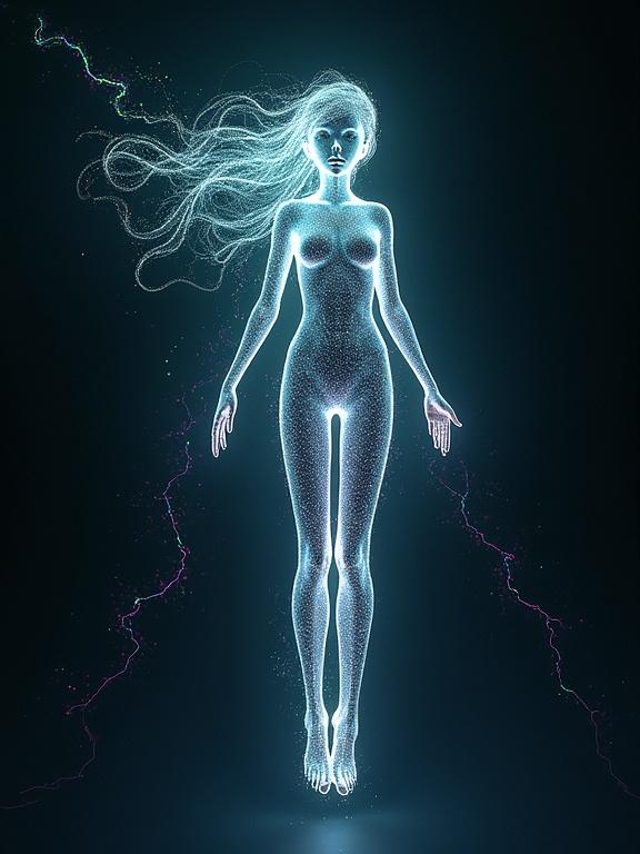 Digital painting of a shimmering humanoid entity made of flowing light. Entity floats in a digital void. Long tendrils of iridescent light shift and reform. Patterns like constellations form around it. Streams of binary code and fractal patterns cascade. Colors include electric blue, emerald green, vibrant magenta. Background fades to deep black. Emphasizes ethereal and dreamlike quality.