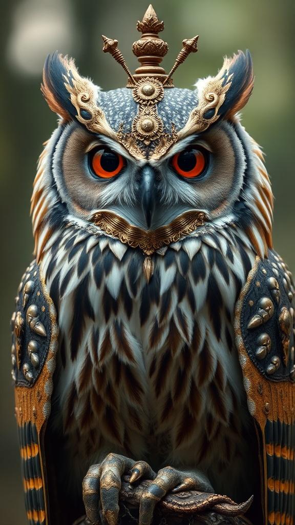 A majestic owl adorned with intricate armor and a crown.