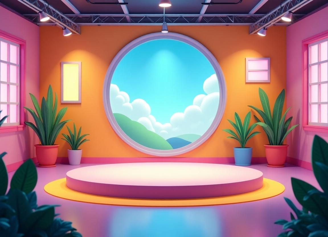 This image showcases a colorful and vibrant studio set designed in a cartoonish style. The set features a central round platform that stands out prominently. Surrounding the platform are large windows, allowing bright light to illuminate the space. Soft, lively plants are placed around the room, enhancing the aesthetic appeal. The backdrop displays a serene landscape with blue skies and gentle hills, completing the cheerful ambiance of the studio.