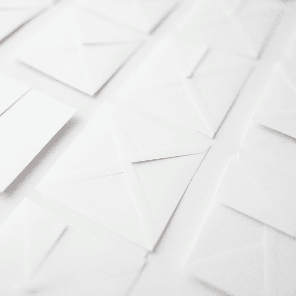 A collection of white envelopes arranged neatly on a white surface.