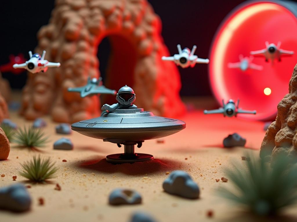 Imagine a toy diorama scene depicting a futuristic battle. In the center, there’s a toy flying saucer with a pilot figure at the helm. Surrounding it are miniature fighter jets, all in various colors and designs, engaged in a dramatic aerial chase. The background features a bright red spotlight illuminating a small toy base, giving the scene an intense atmosphere. There are scattered decorative elements like rocks and small plants to add realism, along with a sandy terrain to mimic a desert landscape. The overall vibe is dynamic and action-packed, capturing the essence of an epic sci-fi battle.