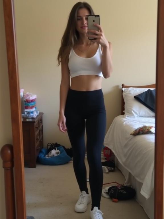 A young woman takes a mirror selfie in her cluttered bedroom. She wears black leggings and a white crop top while holding her phone. The room looks casual and lived-in with an unmade bed and scattered clothes. The scene has a charmingly imperfect atmosphere with a slight blur and flash glare in the mirror reflection.