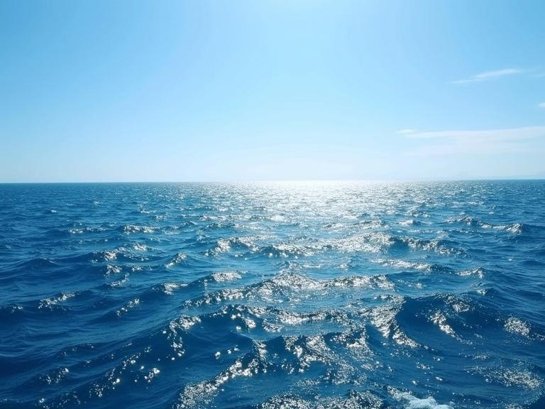 Panoramic view of the ocean from the coast. In the distance, shimmering shapes rise briefly from the water. No faces or defined bodies visible. Only suggestions. Static camera with subtle movements of waves and wind. Deep blue with silver sparkles.