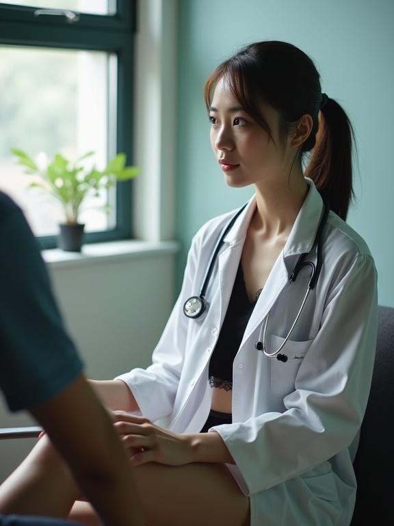 Ultra low angle shot of petite female doctor in white coat consulting with male patient. Stethoscope present. Gentle light enhances atmosphere. Hair tied back. Full body in frame.