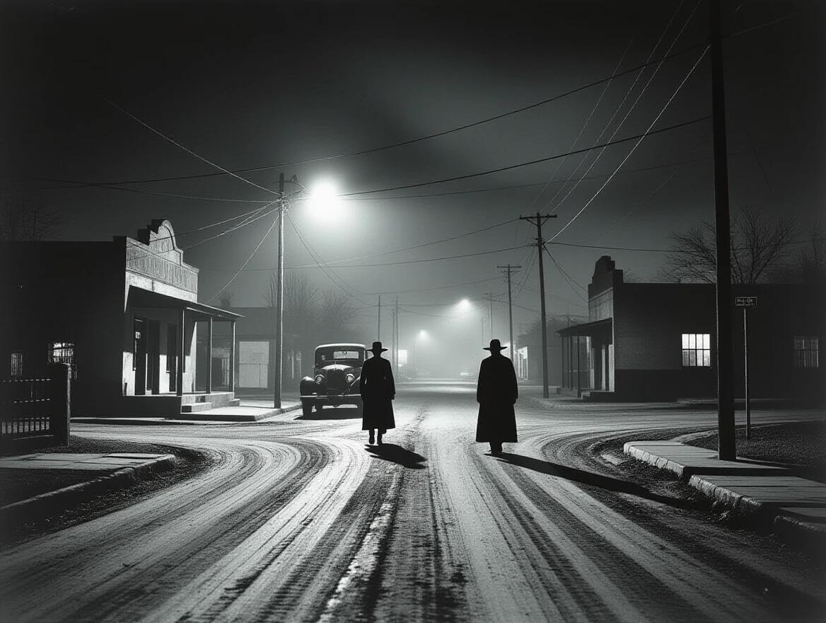Scene showcases a deserted crossroads in Mexico during the early 20th century at night. The environment is filled with suspenseful ambiance. The atmosphere reflects a horror movie setting with shadows and dim lighting. Structures appear faintly in the background. Two figures are seen walking towards the viewer, dressed in period-appropriate attire.