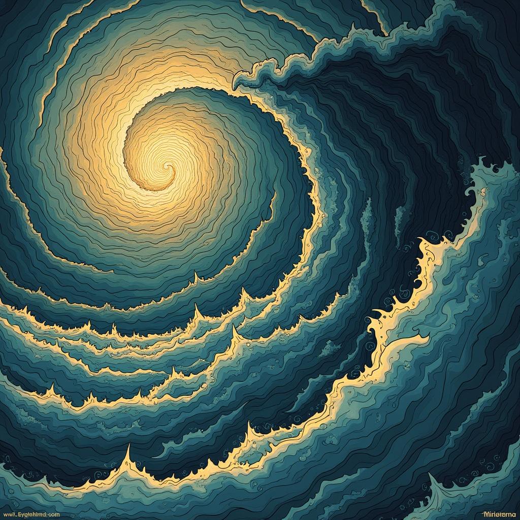 Artwork depicting a swirling ocean wave that resembles a hurricane. The image features deep blues, soft golds, and intricate patterns, creating a visual representation of complexity and motion.