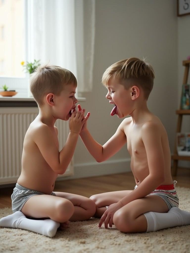 Two boys sitting on the floor in their room. They are playing with each other. Their faces express silliness. They show their tongues to each other. They wear underwear and white socks. The room is bright and airy.