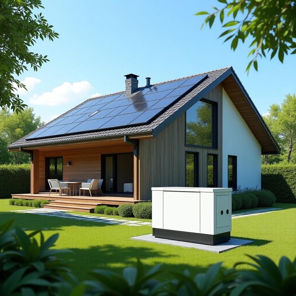 The image showcases a modern house equipped with solar panels on the roof. Next to the house, there is a compact power generator that enhances energy efficiency. The house features a combination of wooden and modern design elements. Lush green grass surrounds the property, creating an inviting outdoor space. It's a sunny day, emphasizing the eco-friendly aspects of the house.