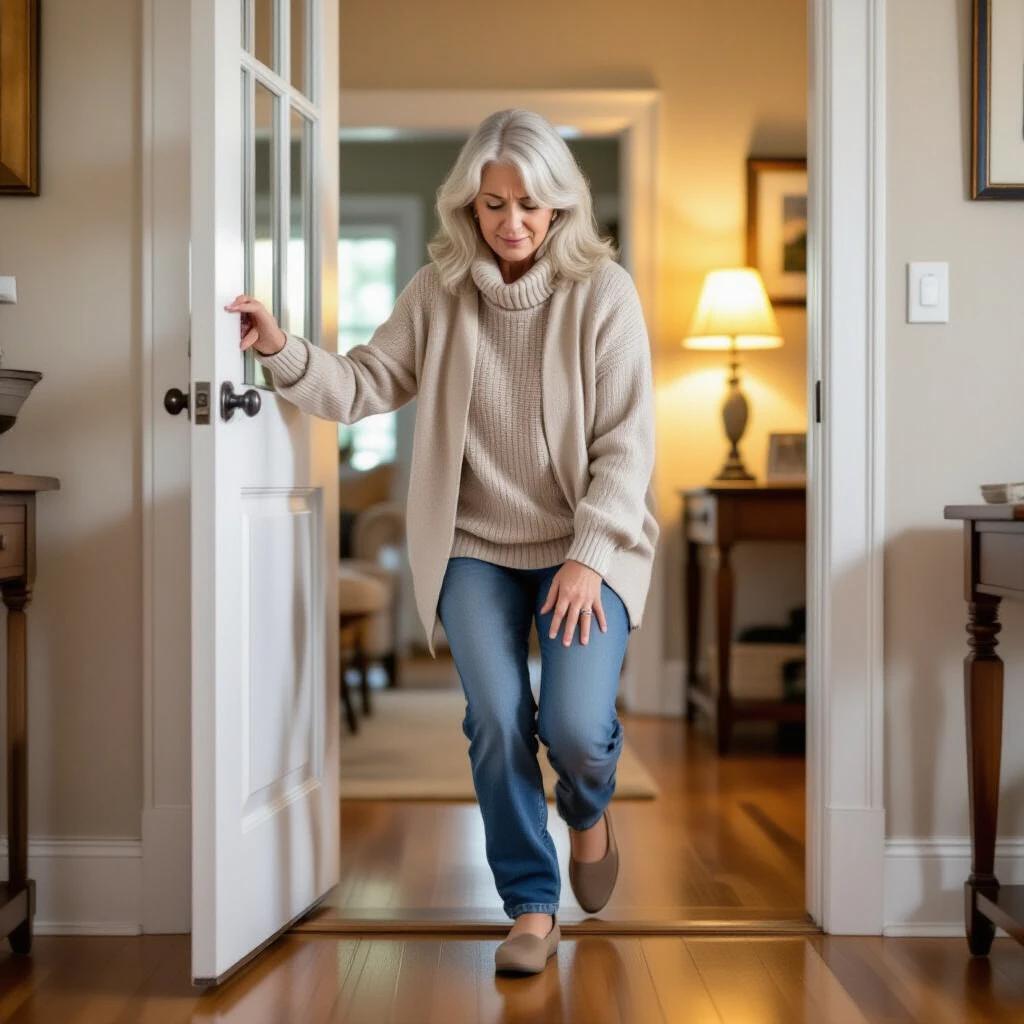 An elderly woman with gray hair is entering her home through the front door. She shows signs of pain while holding onto the doorframe for support. The interior is warm and inviting with wooden floors and a glowing lamp in the background. She wears a beige sweater and blue jeans. The image captures her struggle to walk inside.