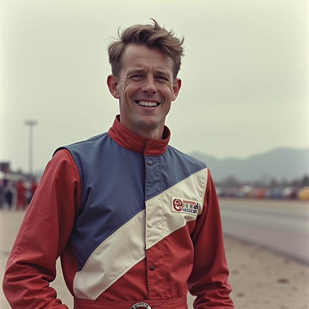 NASCAR driver in their 20's, smiling while wearing a red, white and blue racing suit