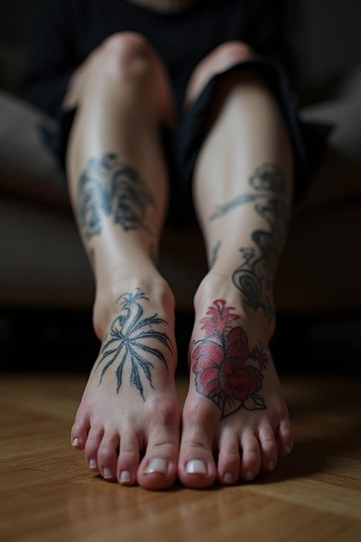 Mature goth woman with tattoos on the soles of her feet. Bare feet displayed with intricate designs. Feet positioned on a wooden floor. Soft lighting enhances tattoo details. Woman dressed in dark attire.