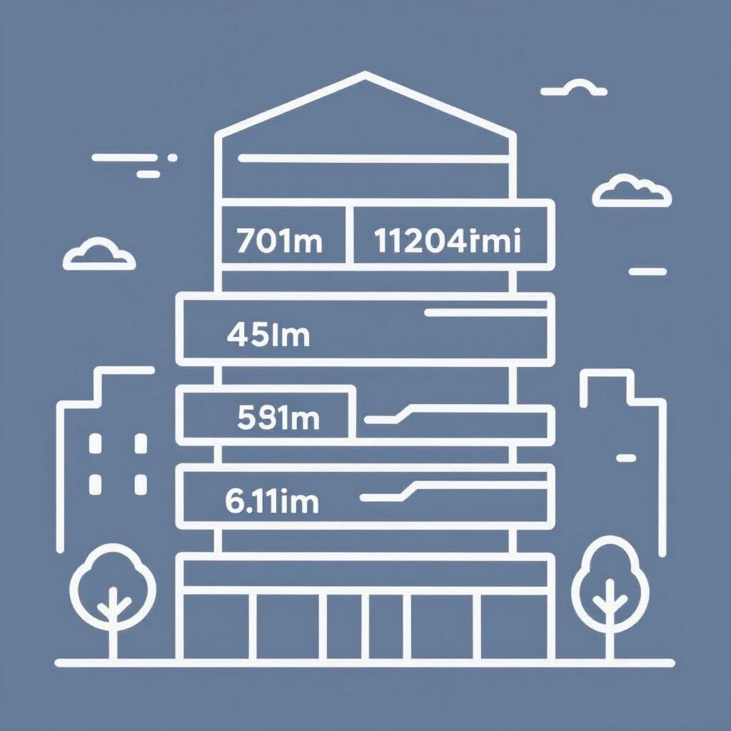 Minimalist illustration depicting a building with stacked horizontal floors. Each layer reflects the number of floors in a clear and simple outline. The design features a modern flat style with neutral colors. Background includes basic urban elements like trees and clouds. Suitable for real estate and navigation applications.