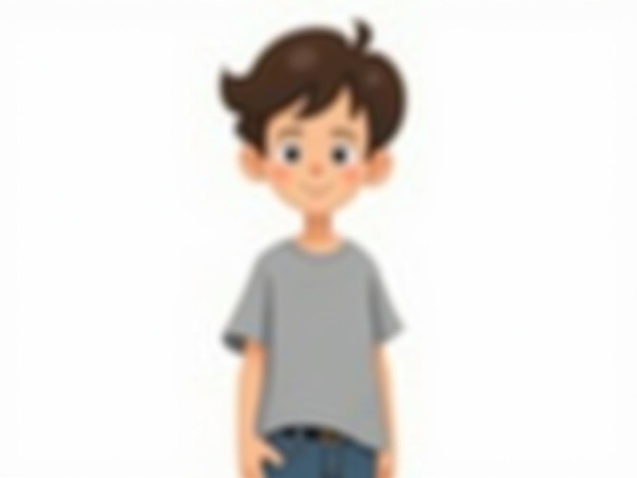 The image shows an animated character of a young boy standing against a plain white background. He has short, slightly styled hair and is wearing a loose-fitting gray t-shirt. The posture of the character appears relaxed, with arms hanging casually at the sides. The overall artwork features clean lines and a bright color palette, typical of animation styles. There are no additional elements or background details, emphasizing only the character.