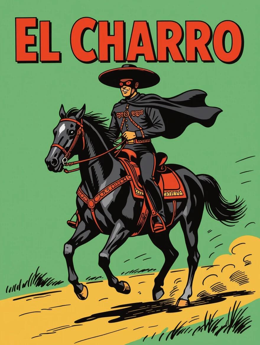A charro in traditional attire riding a black horse gallops towards the camera. The style is comic with red eyes. The background is a solid green color.