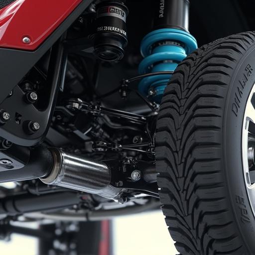 Detailed view of a vehicle's suspension system. Focus on shock absorber and tire connection. Show mechanical parts clearly. Highlight engineering quality and design features.