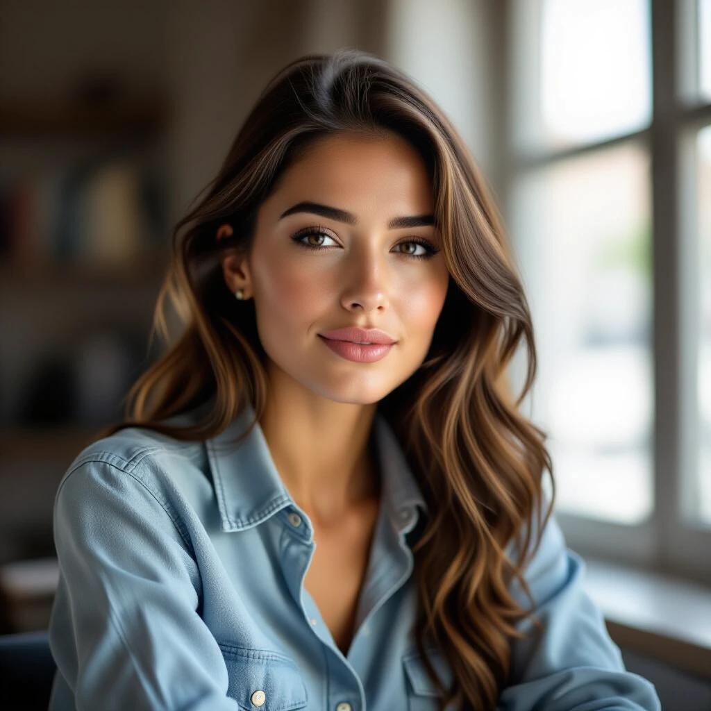 Portrait of a young woman as a journalist in action. She is focused and immersed in her work. She looks straight ahead. Soft light from a window highlights her determination and professionalism.