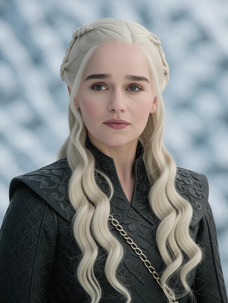 Portrait of a fantasy character with long blonde hair wearing dark attire. The character has a regal expression and intricate hairstyle. Soft background enhances the focus on the character.