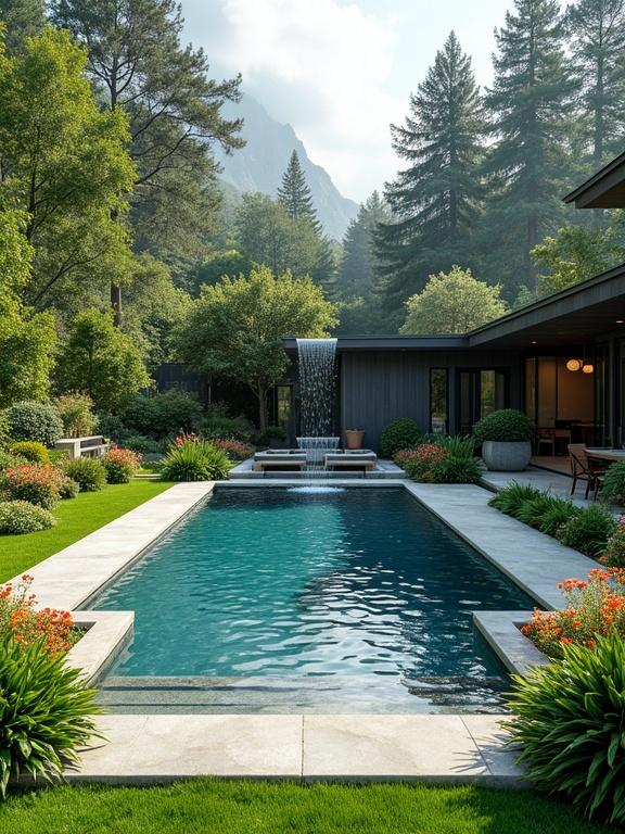 A luxury garden retreat features a private pool with cascading waterfall surrounded by lush green lawns and vibrant flowerbeds. A modern poolside suite adds to the elegance. Tall trees and distant mountains create a serene natural backdrop for relaxation.