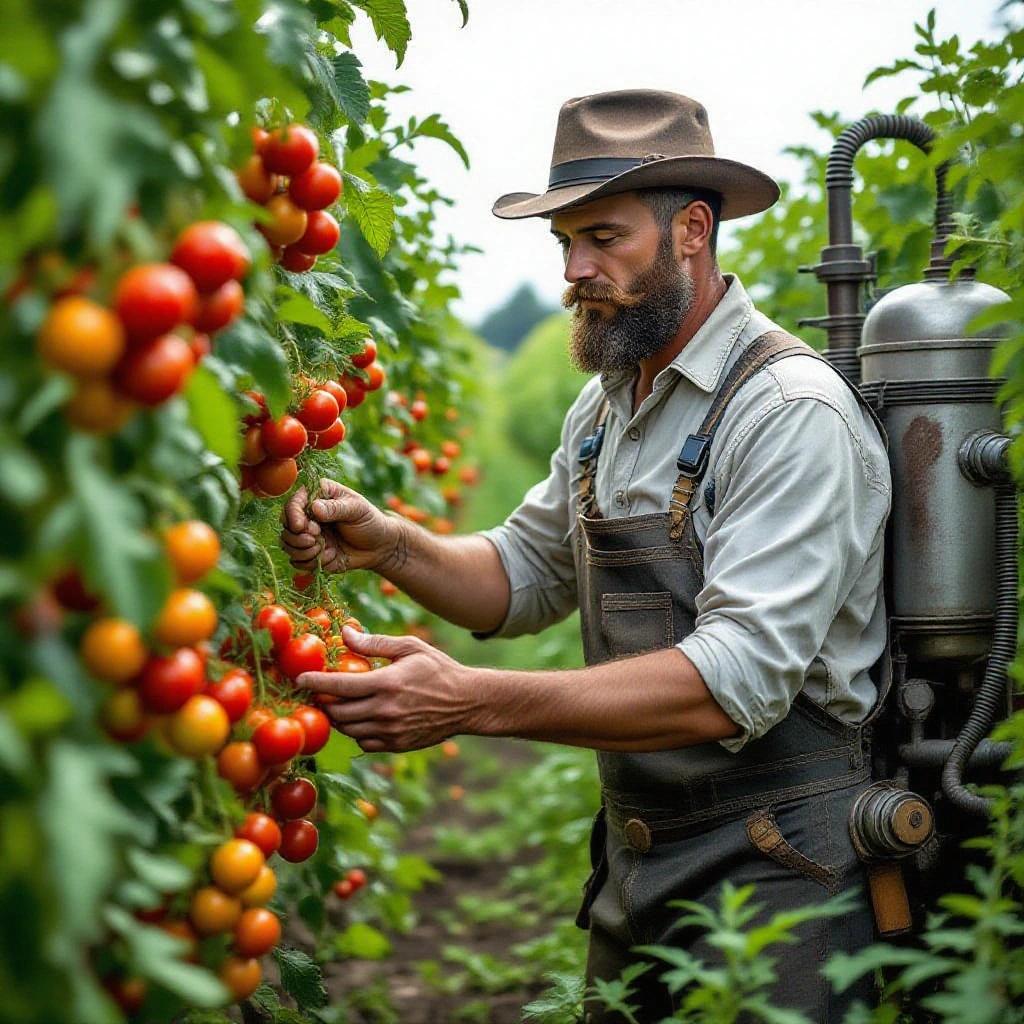 Steampunk style image of a farmer tending to a tomato plantation. Farmer is bald with a beard but no mustache. Using experimental machinery for harvesting.