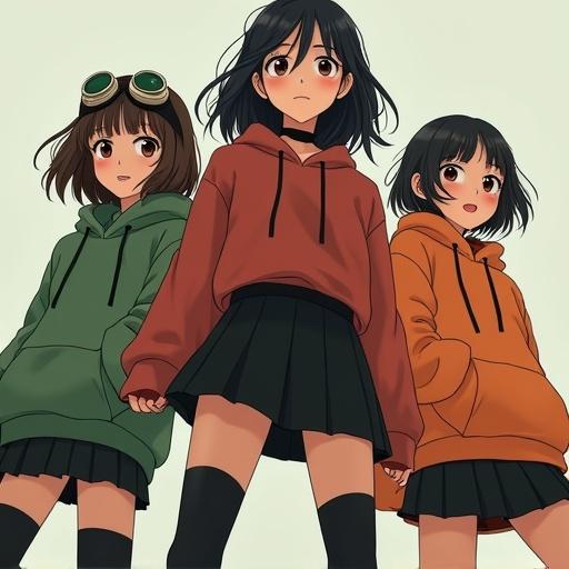 Three girls wearing oversized hoodies stand together. One wears a green hoodie, another an orange hoodie, and the last has black hair. Black skirt complements their outfits. Characters convey a vibrant youthfulness in a stylized manner.