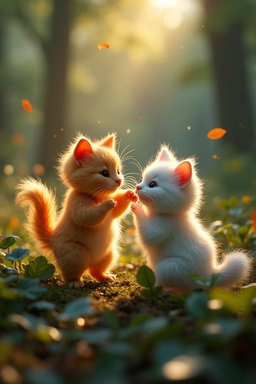Fields covered with leaves. Two small kittens play in the forest. Sunlight creates rainbow prisms. Bioluminescent light appears. Highly detailed image in magical realism style.