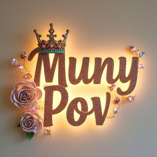 A photograph of a decorative illuminated sign showing cursive text in a metallic rose gold color with a mesh texture. The sign displays a large ornate golden crown with gemstones on the letter 'L'. Iridescent crystal roses and green accents are around the text. The sign is on a light cream background with a soft warm glow highlighting everything.