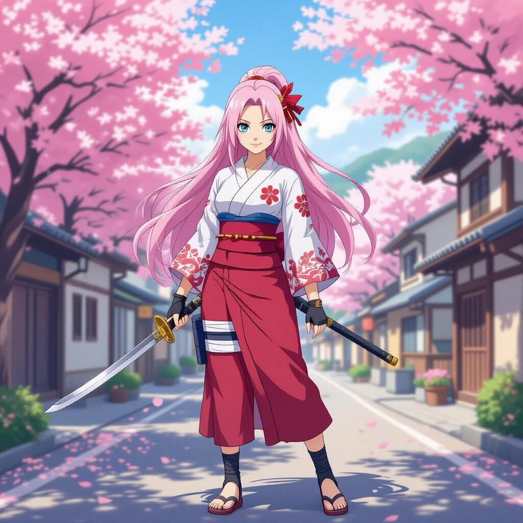 A female anime character wears a traditional outfit. Long pink hair flows down. She holds two swords confidently. Cherry blossom trees bloom around her. She stands on a street in a small town with traditional buildings.