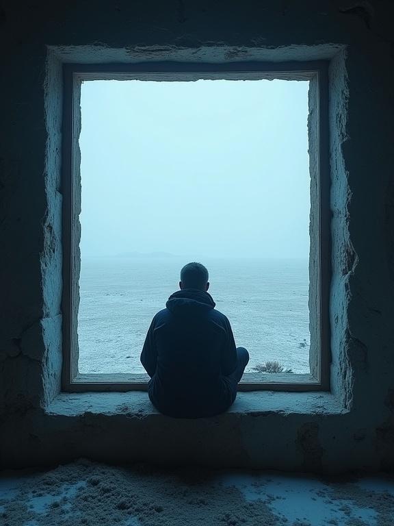Point of view from inside an old farmhouse looking out at a snowy arctic landscape. Figure sitting by the window gazing at a hazy horizon. Minimalist interior with blue and black elements near the window. Scene captures feelings of loneliness and solitude.