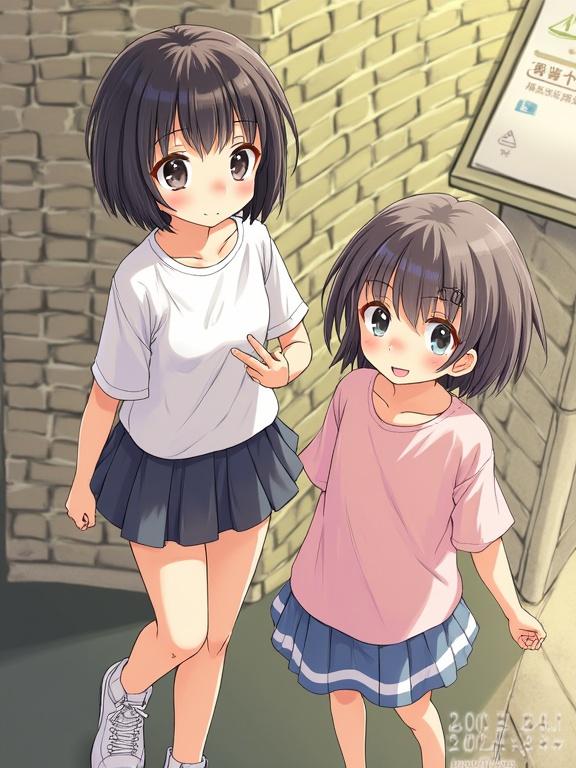 Two cute anime-style girls walking together. One girl has short brown hair and is wearing a white shirt and dark skirt. The other has brown hair and is wearing a pink shirt and light skirt. They have cheerful expressions and are in a lively setting.