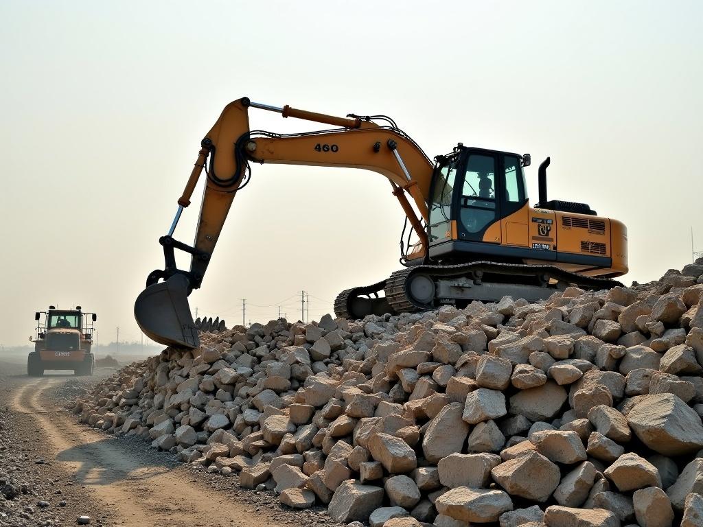 A large construction backhoe vehicle is positioned prominently on a massive pile of rocks. The backhoe's extended arm is reaching high as it prepares to scoop more stones. In the background, another construction vehicle is busy at work, contributing to the active construction site. The sky appears hazy, suggesting dust in the air from the ongoing activities. This scene captures the essence of a busy construction site with heavy machinery at work.