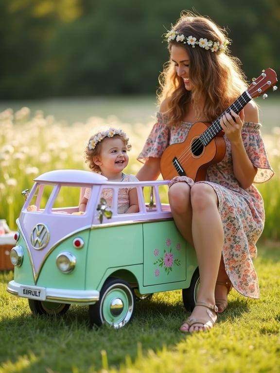 A vertical shot of a retro baby stroller shaped like a Volkswagen Kombi. The stroller has a mint green and soft lavender body. The inside holds a happy 10-month-old baby girl wearing a pastel romper and flower crown. Her mom is dressed stylishly in a boho floral dress. A ukulele hangs over her shoulder. The background is a sunny green field filled with daisies and a picnic setup. Light is soft and warm.