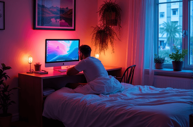 A person sits on a bed using a desktop computer in a room lit by warm, colorful lights.