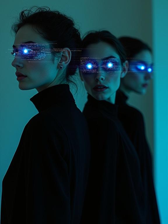 Women wear black suits with eerie blue glitched eyes. Surreal photography captures photorealistic details. Vibe is eerie and futuristic.