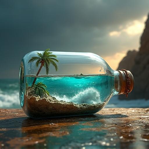 A surreal 3D landscape of Libya inside a glass bottle. Contains a turbulent sea surrounded by a sandy shore with small palm trees. Lighting is dramatic, setting a mystical mood.