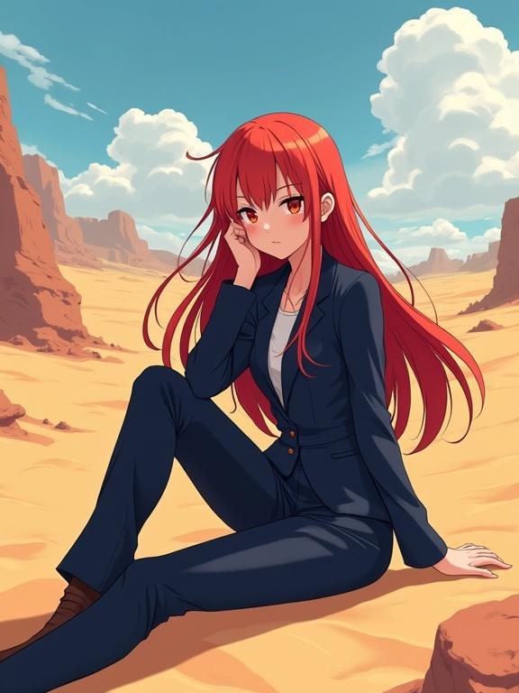 Illustration in modern anime style. Young woman with long red hair sits in a dark blue suit. Desert environment with sandy ground and rocky formations. Bright sunlight with sharp shadows. Character suggests contemplation. High contrast between warm desert tones and cool clothing. Realistic textures.