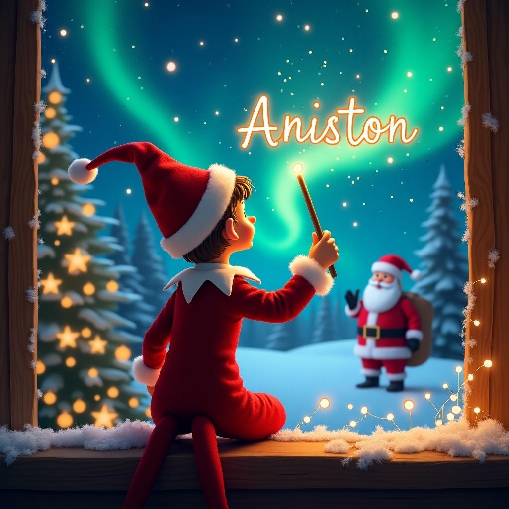 The image features an elf on the shelf character, sitting with their back to the viewer. The elf is wearing a bright red outfit and a matching hat, holding a wand to write the name 'Aniston' in the sky. Behind the elf, the scene is magical with beautiful northern lights illuminating the winter sky. Santa Claus can be seen in the distance, adding to the festive atmosphere. Snow-covered trees and twinkling lights complete the enchanting Christmas setting.